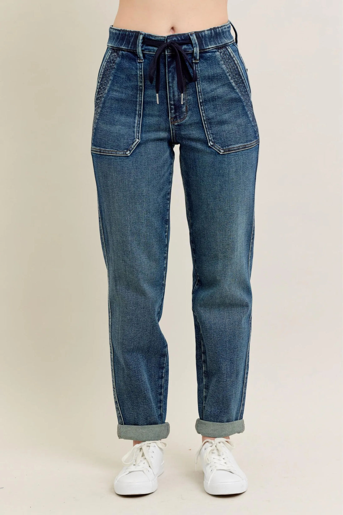 Judy Blue Full Size HW Vintage Wash Jeans w/ Drawstring Plus Size - Velora Luxury Fashion