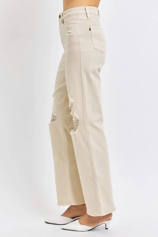 Judy Blue Full Size High Waist Distressed Wide Leg Jeans - Velora Luxury Fashion