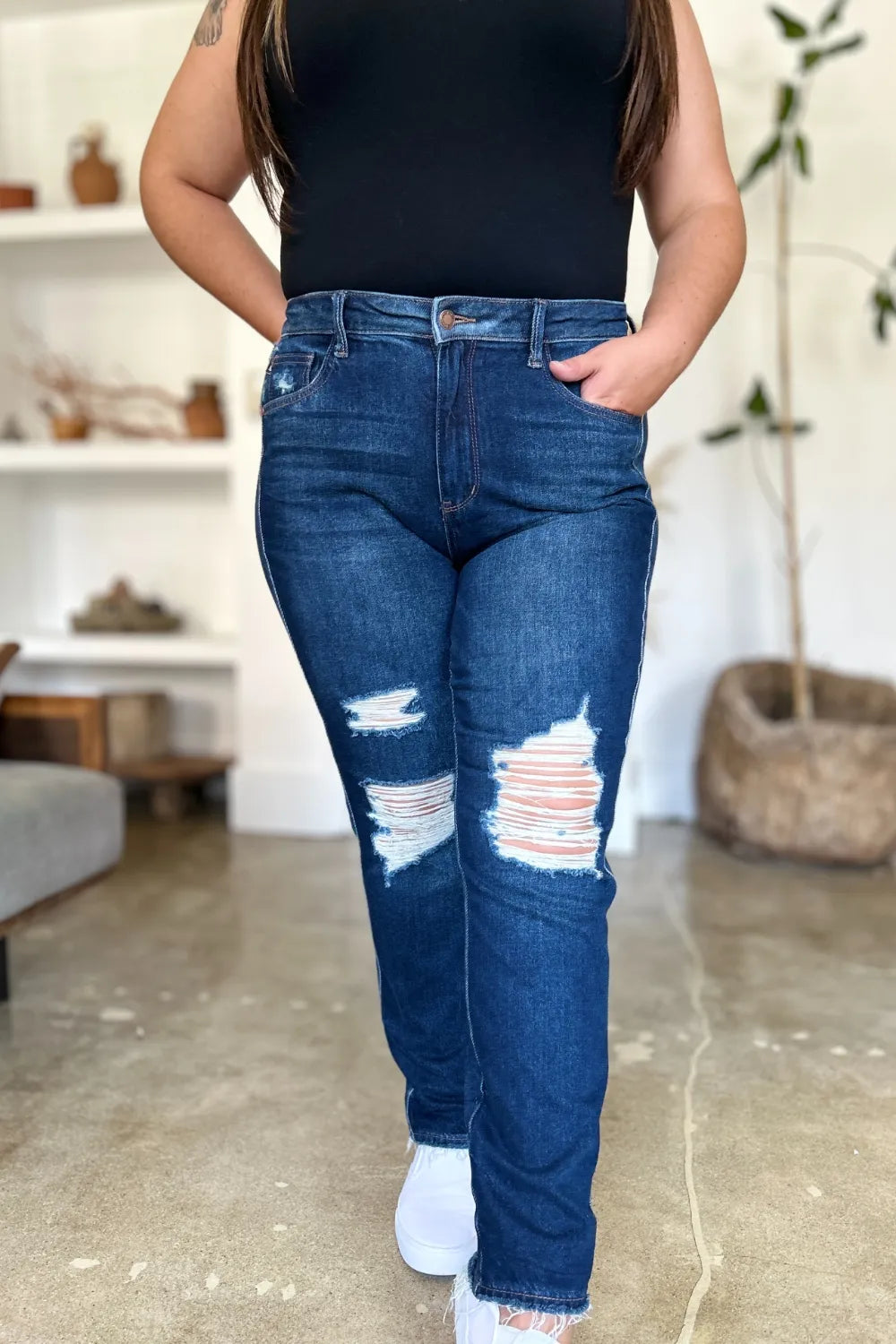 Judy Blue Full Size High Waist Rigid Magic Heavy Destroy Straight Jeans - Velora