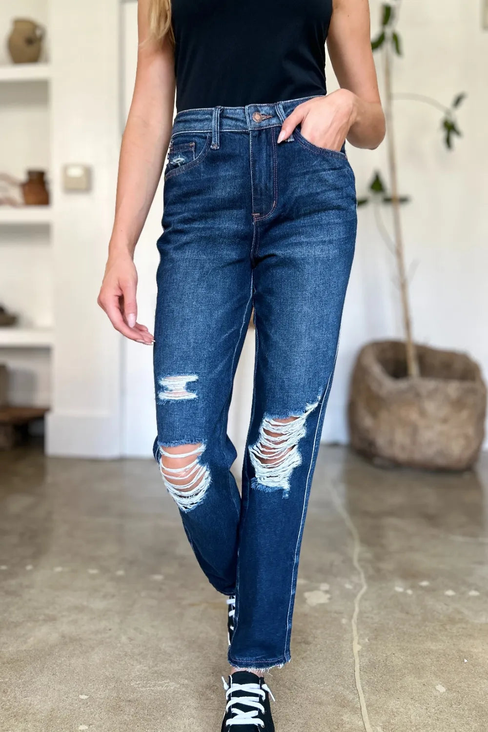 Judy Blue Full Size High Waist Rigid Magic Heavy Destroy Straight Jeans - Velora