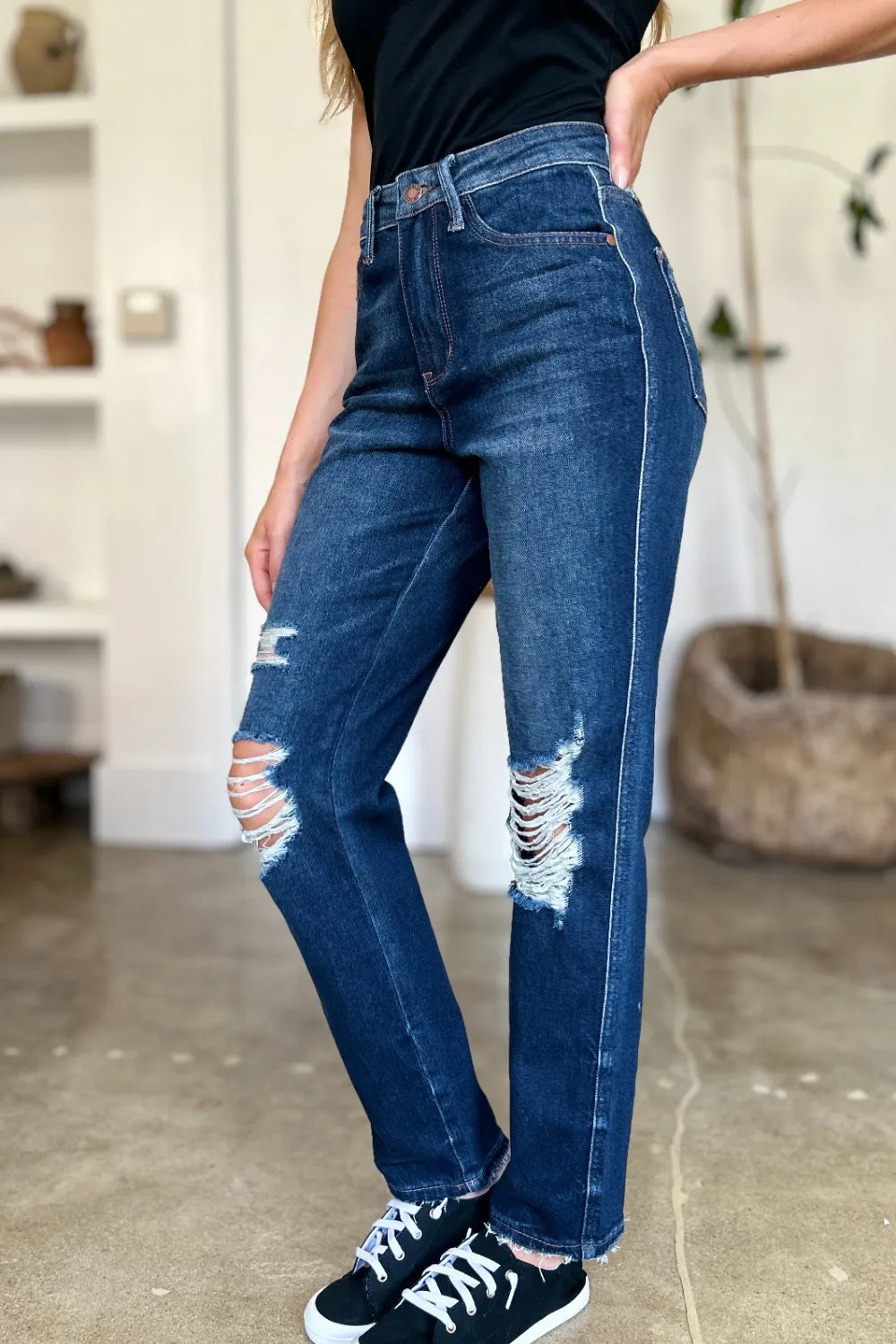 Judy Blue Full Size High Waist Rigid Magic Heavy Destroy Straight Jeans - Velora
