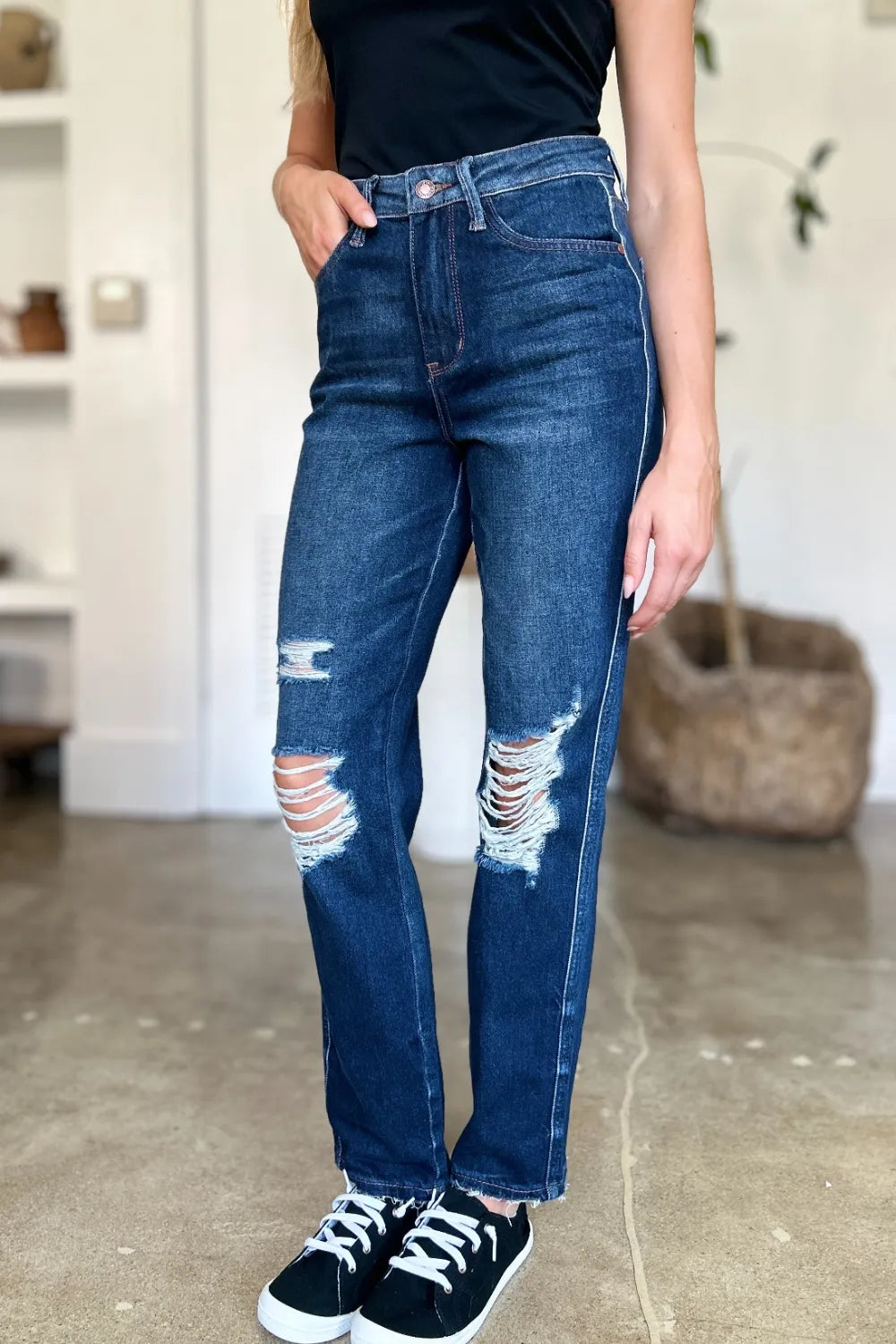 Judy Blue Full Size High Waist Rigid Magic Heavy Destroy Straight Jeans - Velora