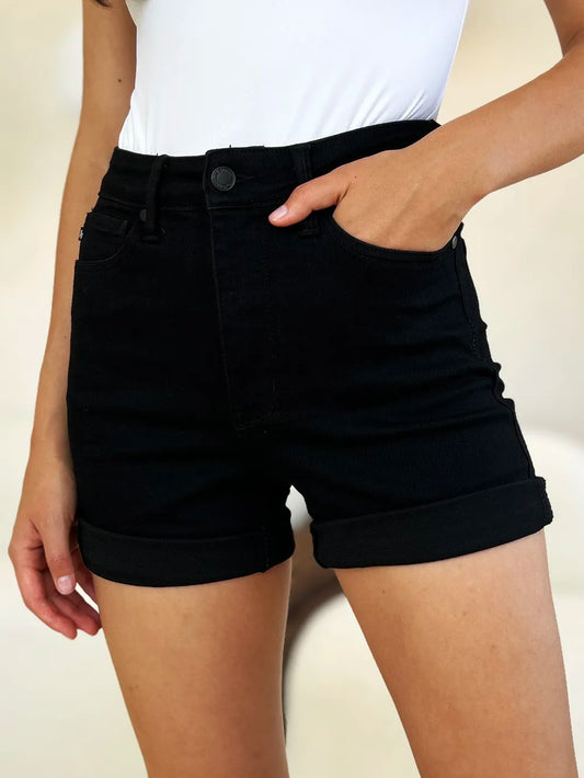 Judy Blue Full Size High Waist Tummy Control Cuffed Denim Shorts - Velora Luxury Fashion
