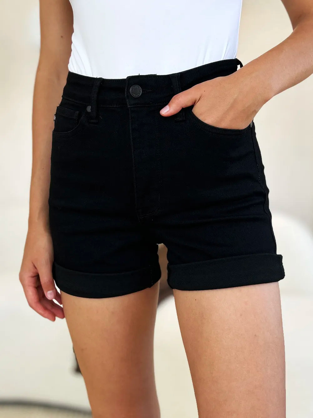 Judy Blue Full Size High Waist Tummy Control Cuffed Denim Shorts - Velora Luxury Fashion