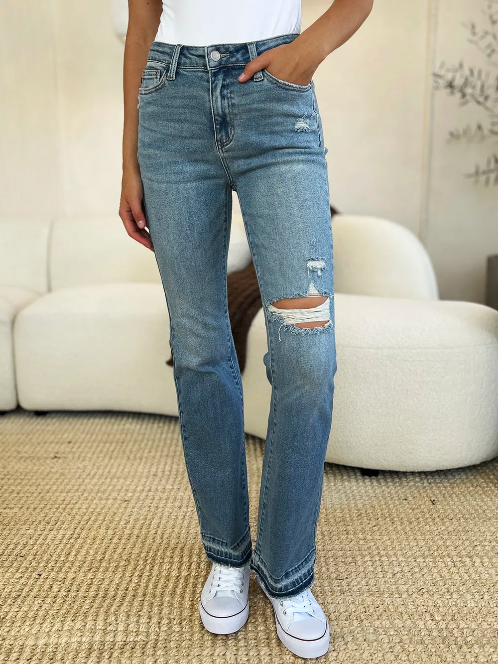 Judy Blue Full Size Mid Rise Destroyed Hem Distressed Jeans - Velora Luxury Fashion