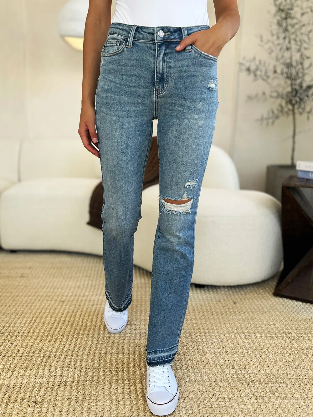 Judy Blue Full Size Mid Rise Destroyed Hem Distressed Jeans - Velora Luxury Fashion