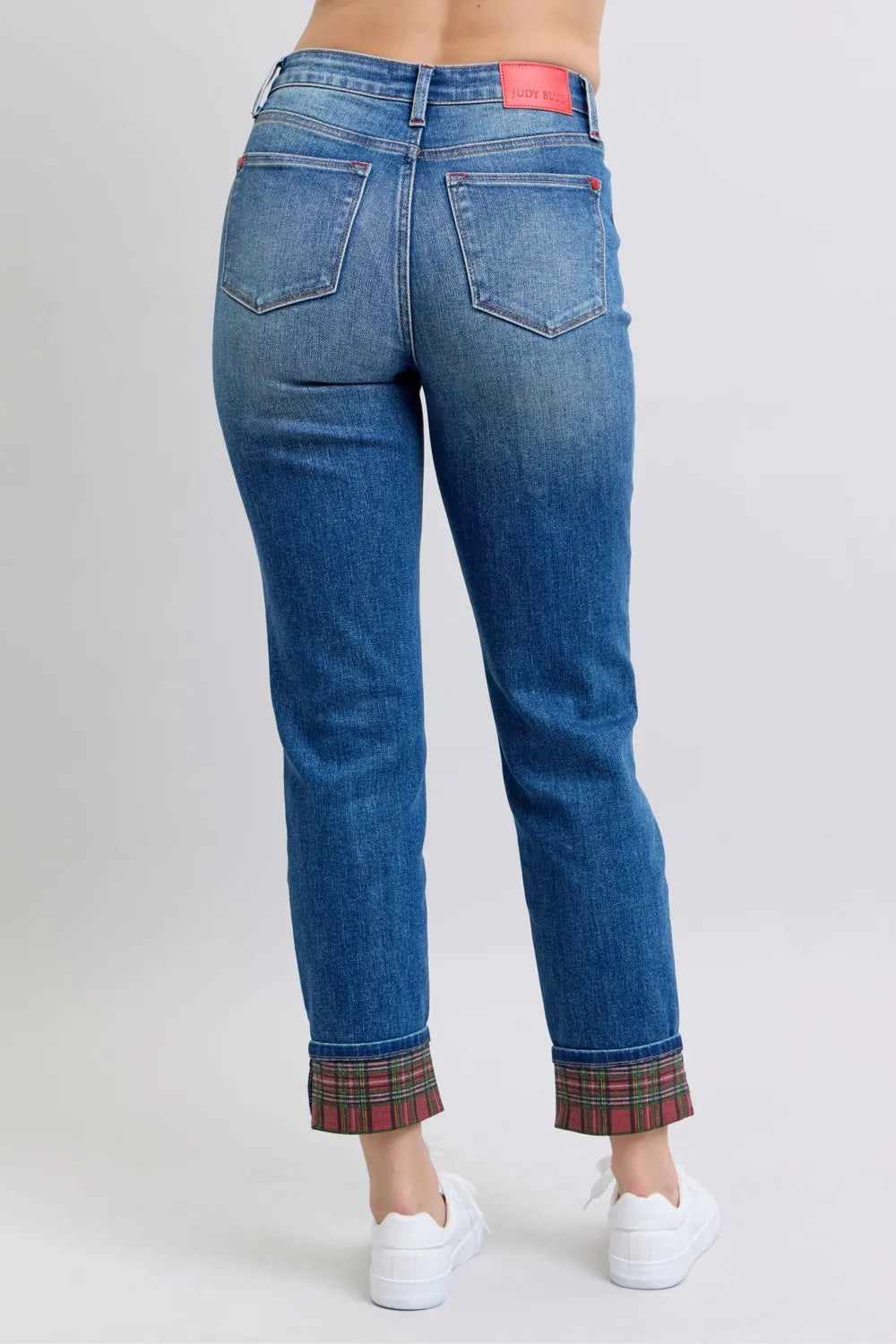 Judy Blue Full Size Plaid Print Cuff Straight Leg Jeans with Pockets - Velora Luxury Fashion