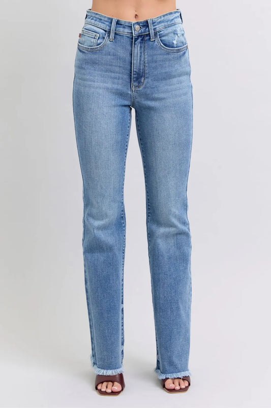 Judy Blue Full Size Raw Hem High Rise Bootcut Jeans - Velora Luxury Fashion