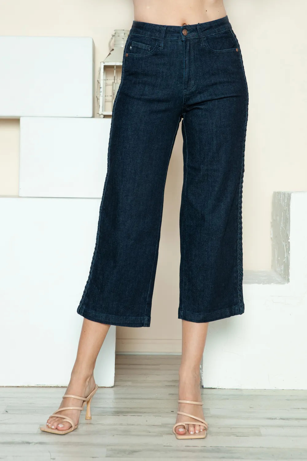 Judy Blue Full Size Side Seam Braid Detail Crop Wide Leg Jeans - Velora Luxury Fashion