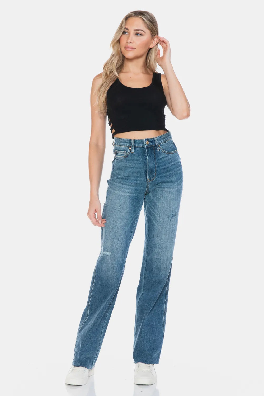 Judy Blue Full Size Tummy Control Cut Raw Hem Straight Jeans - Velora Luxury Fashion