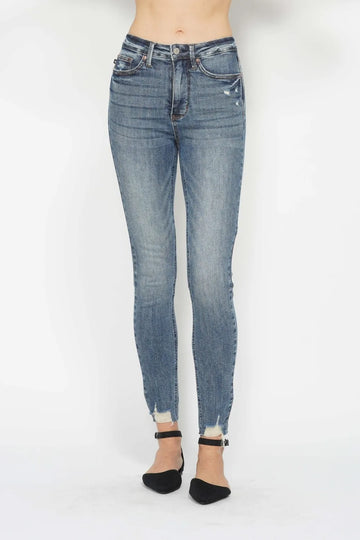 Judy Blue Full Size Tummy Control Vintage Wash Hem Destroy Skinny Jeans - Velora Luxury Fashion