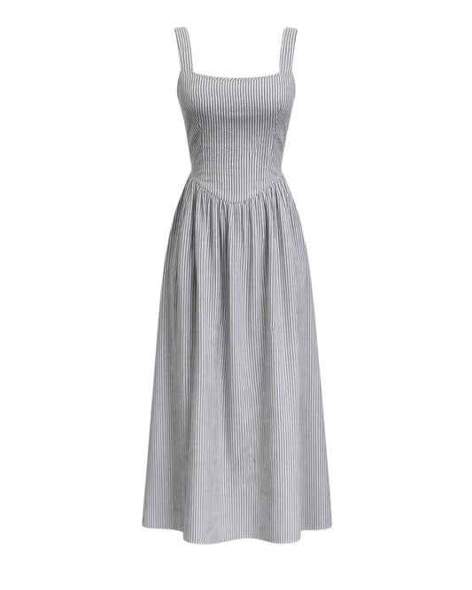 Jules - Lightweight Tie Back Midi Dress In Black Stripe