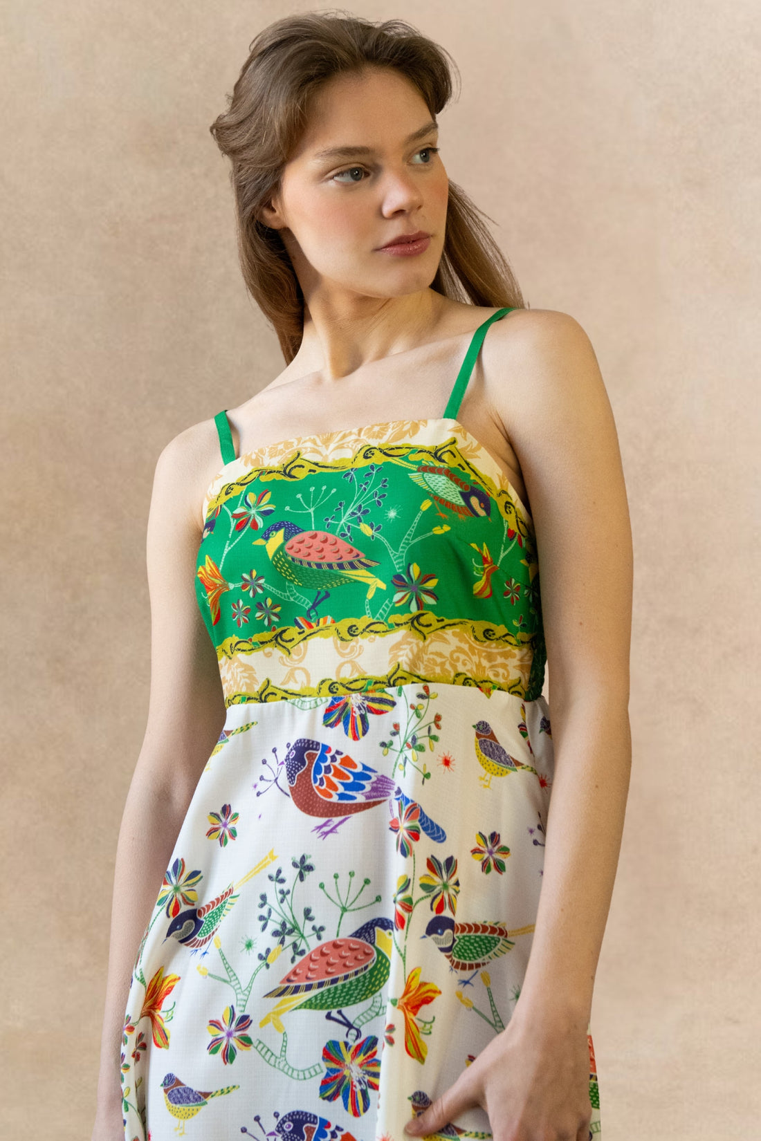 Julie Bird Print Green Strap Midi Dress