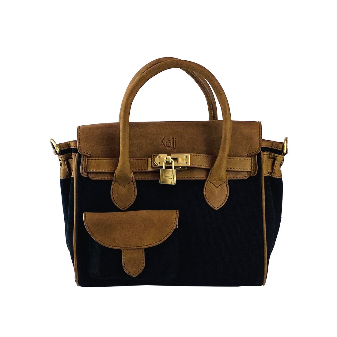 K0042ACB | Borsa a Mano Mini in Canvas/Vera Pelle Made in Italy. Tracolla removibile. Attacchi con moschettoni in metallo Ottone Anticato - Colore Nero - Dimensioni: cm 24 x 20 x 12 - Velora Luxury Fashion