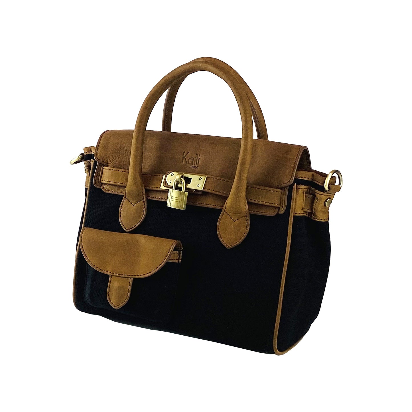 K0042ACB | Borsa a Mano Mini in Canvas/Vera Pelle Made in Italy. Tracolla removibile. Attacchi con moschettoni in metallo Ottone Anticato - Colore Nero - Dimensioni: cm 24 x 20 x 12 - Velora Luxury Fashion