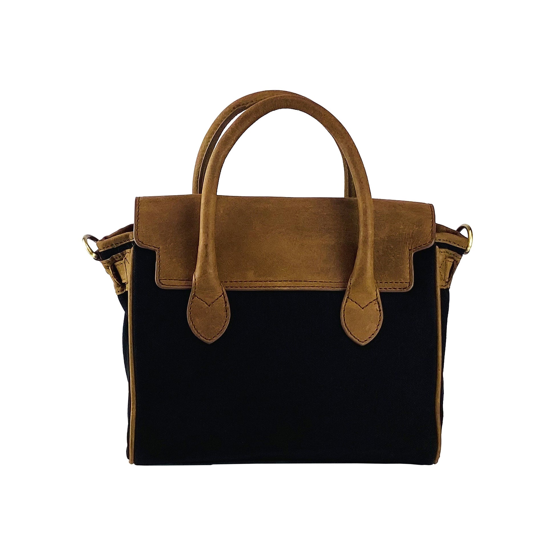 K0042ACB | Borsa a Mano Mini in Canvas/Vera Pelle Made in Italy. Tracolla removibile. Attacchi con moschettoni in metallo Ottone Anticato - Colore Nero - Dimensioni: cm 24 x 20 x 12 - Velora Luxury Fashion