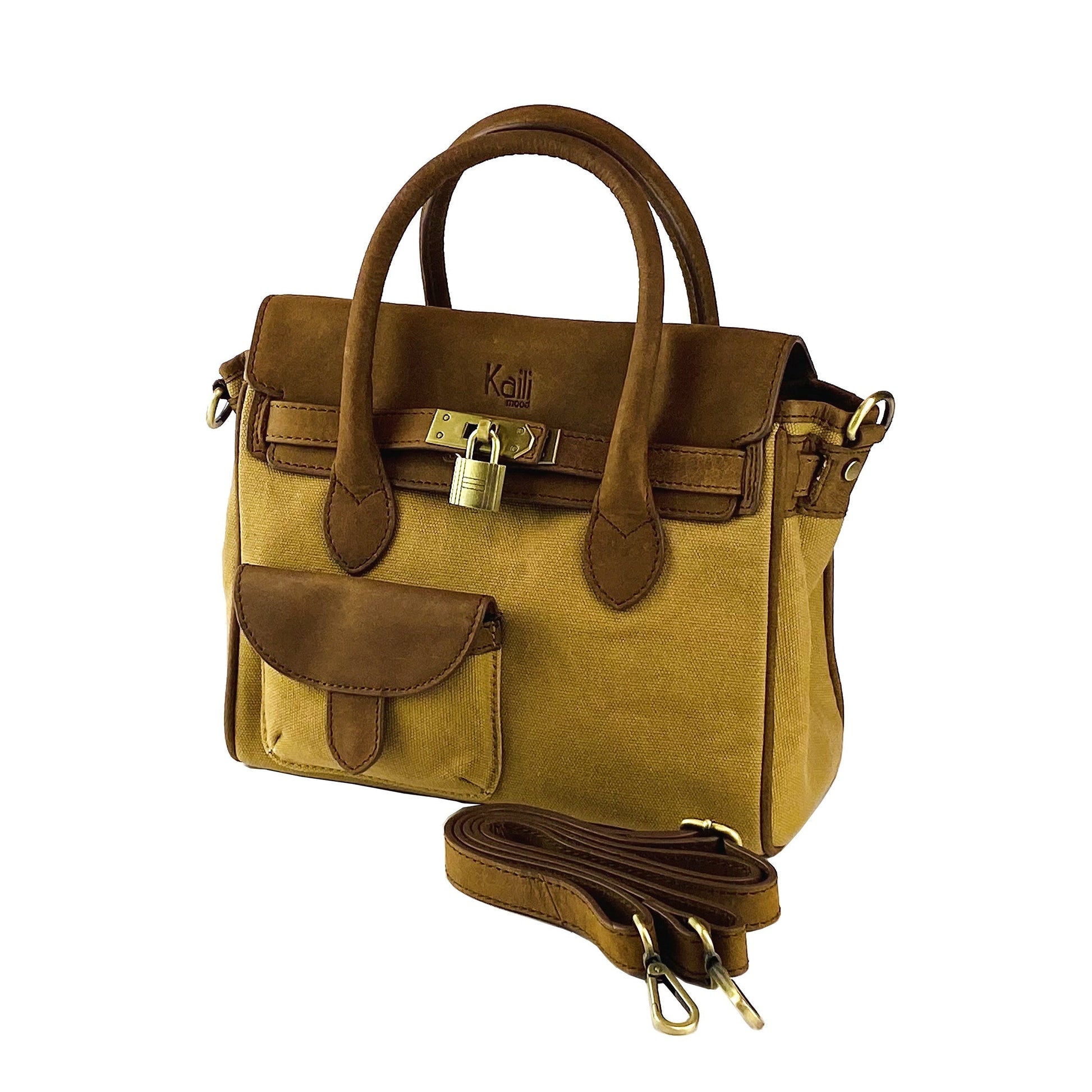 K0042BACB | Borsa a Mano Mini in Canvas/Vera Pelle Made in Italy. Tracolla removibile. Attacchi con moschettoni in metallo Ottone Anticato - Colore Nocciola - Dimensioni: cm 24 x 20 x 12 - Velora Luxury Fashion