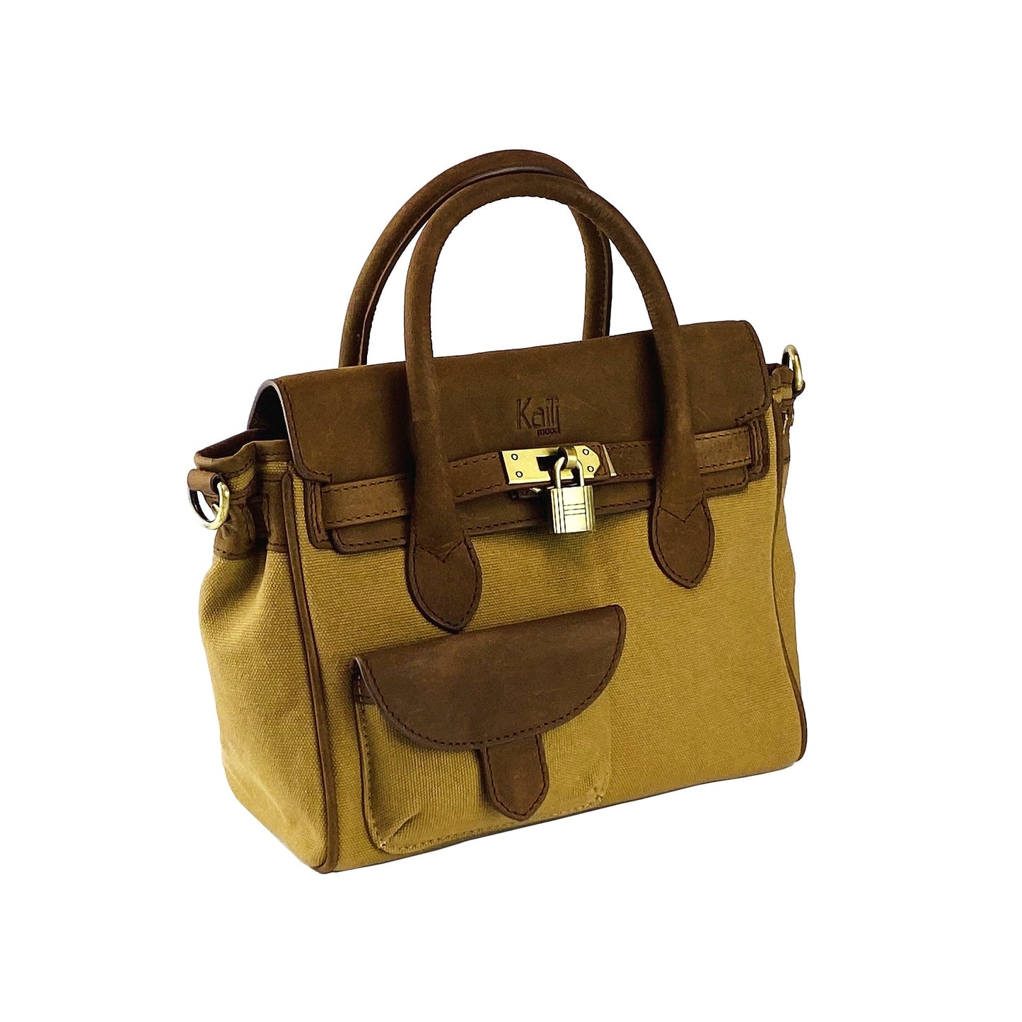 K0042BACB | Borsa a Mano Mini in Canvas/Vera Pelle Made in Italy. Tracolla removibile. Attacchi con moschettoni in metallo Ottone Anticato - Colore Nocciola - Dimensioni: cm 24 x 20 x 12 - Velora Luxury Fashion
