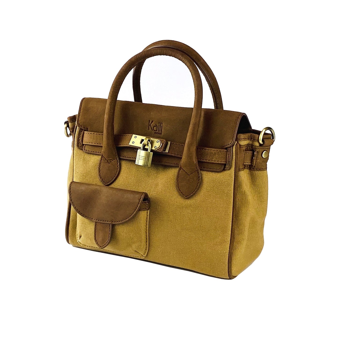 K0042BACB | Borsa a Mano Mini in Canvas/Vera Pelle Made in Italy. Tracolla removibile. Attacchi con moschettoni in metallo Ottone Anticato - Colore Nocciola - Dimensioni: cm 24 x 20 x 12 - Velora Luxury Fashion