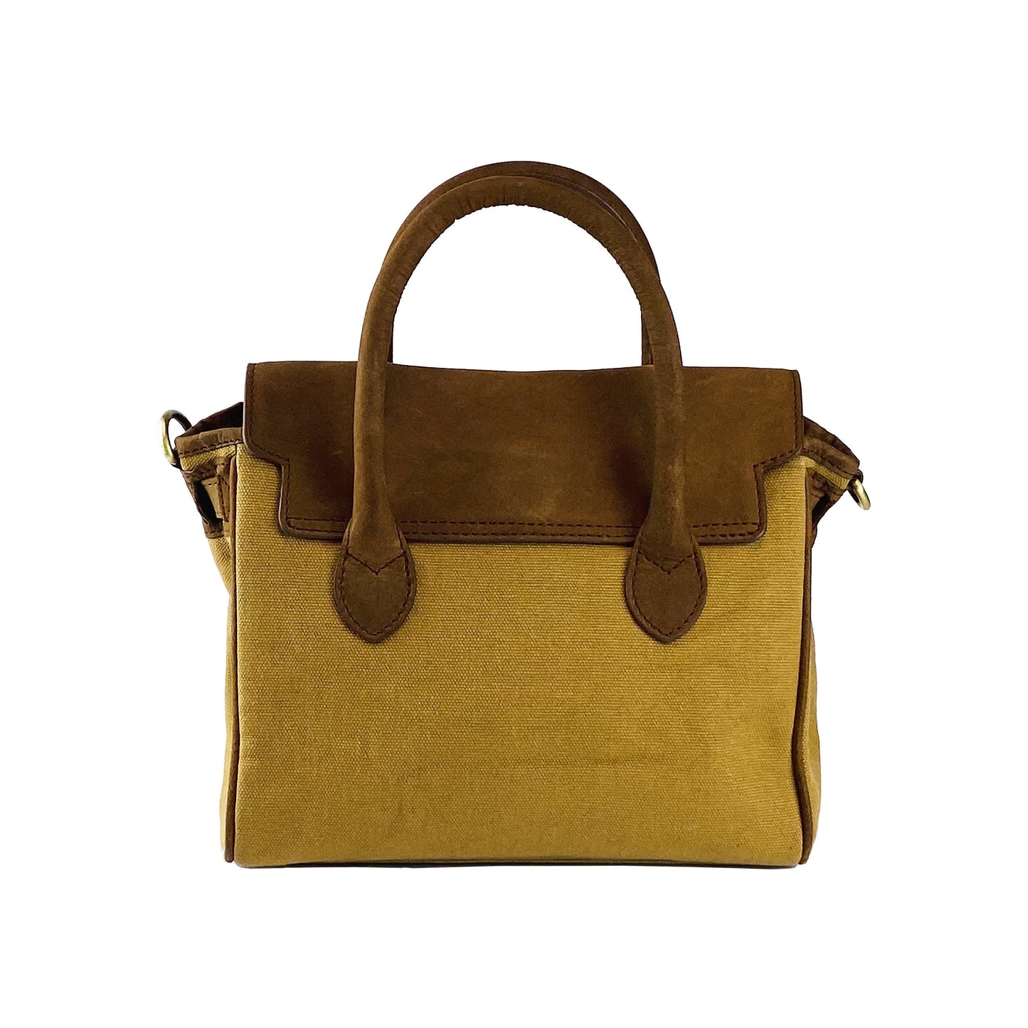 K0042BACB | Borsa a Mano Mini in Canvas/Vera Pelle Made in Italy. Tracolla removibile. Attacchi con moschettoni in metallo Ottone Anticato - Colore Nocciola - Dimensioni: cm 24 x 20 x 12 - Velora Luxury Fashion