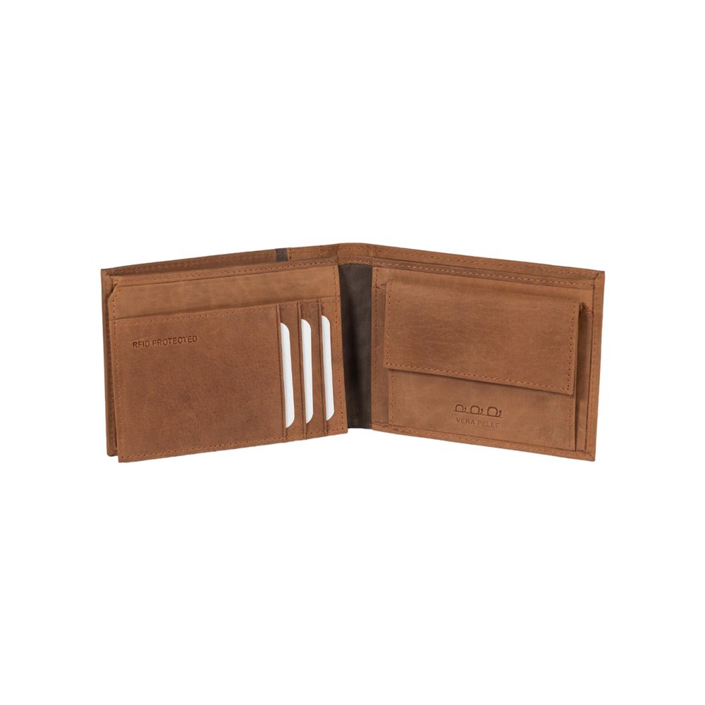 K12204UB | Portafogli Uomo in Vera Pelle pieno fiore, Naked. Colore Cuoio. Protezione RFID. Dimensioni da chiuso: cm 12,5 x 9,5 x 2. Confezione: Scatola regalo fondo/coperchio - Velora Luxury Fashion