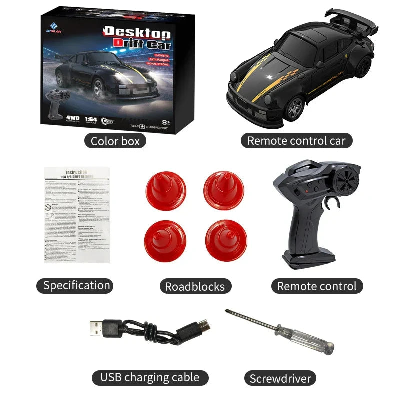 KF20 1:64 4WD Mini RC Drift Car - Desktop Racing, LED Lights, Type-C Charging - Velora Luxury Fashion