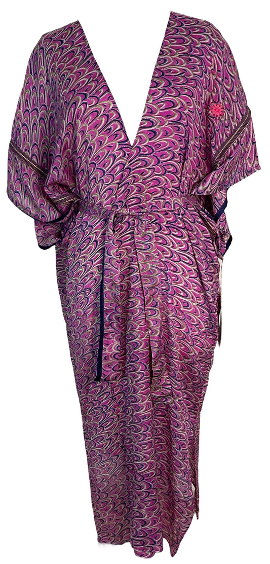 PRC6191 Avatar Long Pure Silk Kimono Sleeved Duster with Belt - Velora