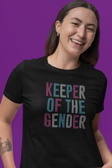 Keeper of the Gender Rhinestone T-Shirt – Gender Reveal Sparkle Tee | Blingdazzel Rhinestone Apparel