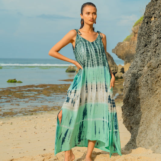 Tie Dye Stripe Dress - Turquoise & Grey