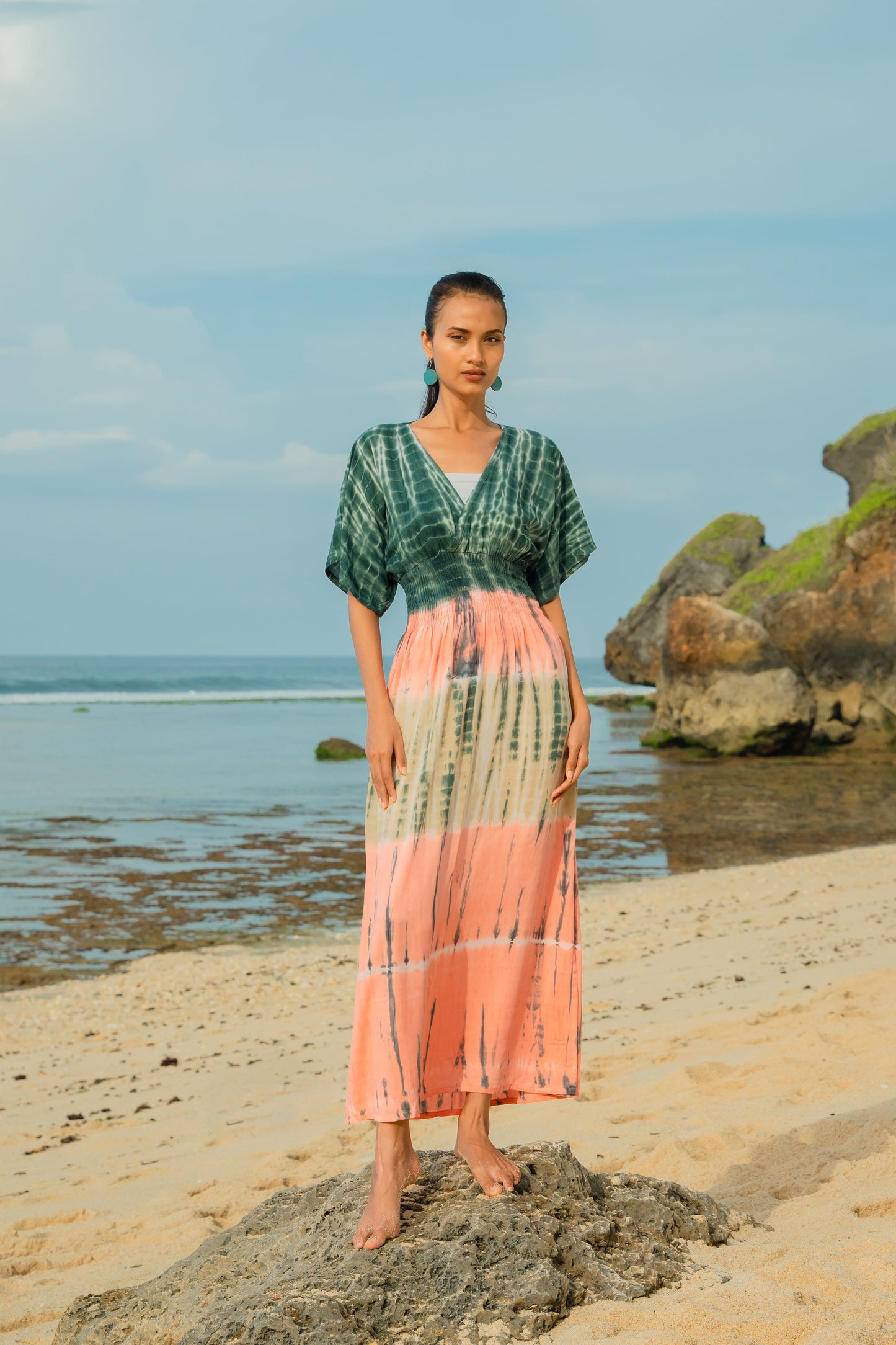 Tie Dye Stripe Maxi Dress - Pink & Grey