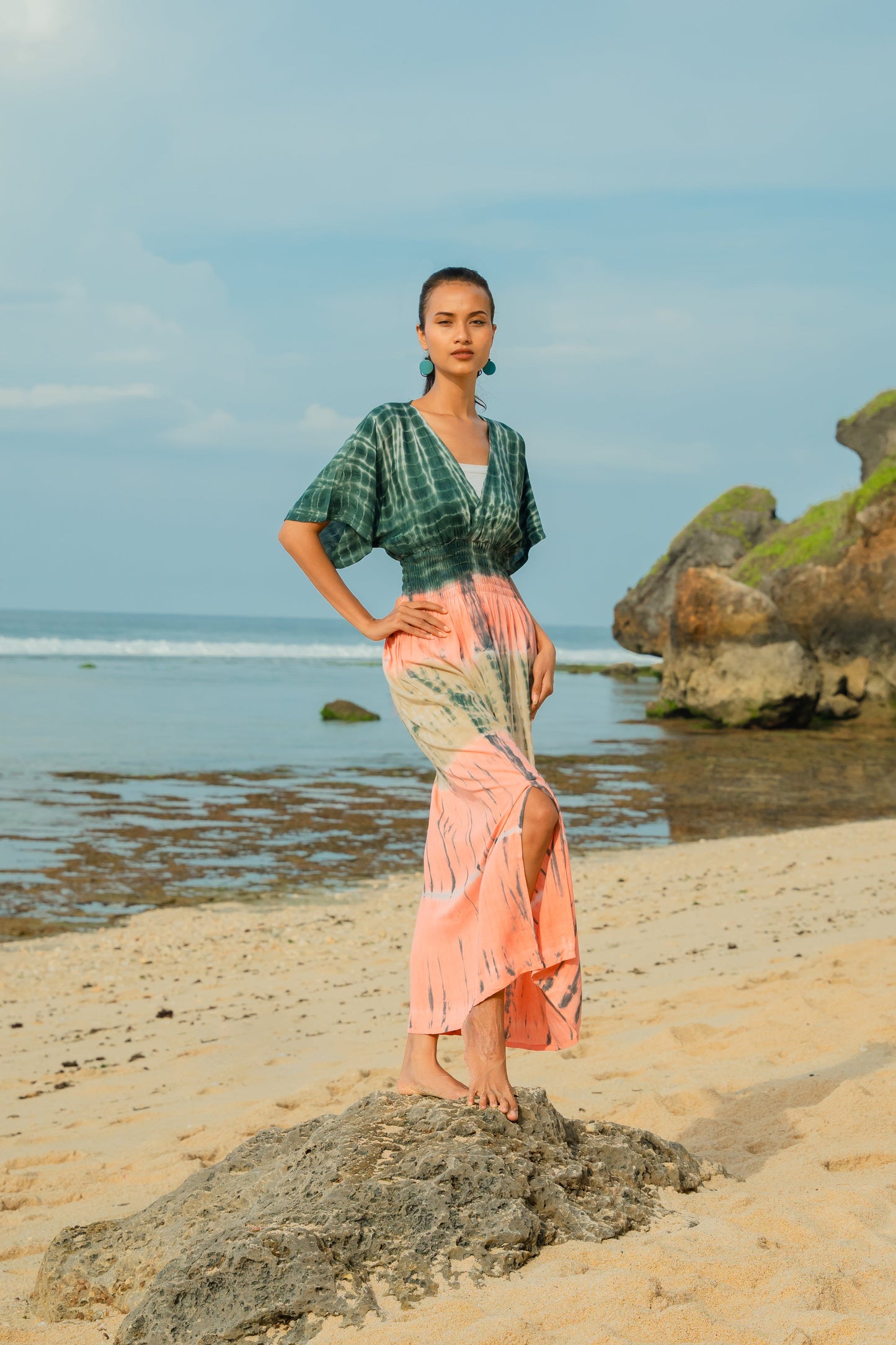 Tie Dye Stripe Maxi Dress - Pink & Grey