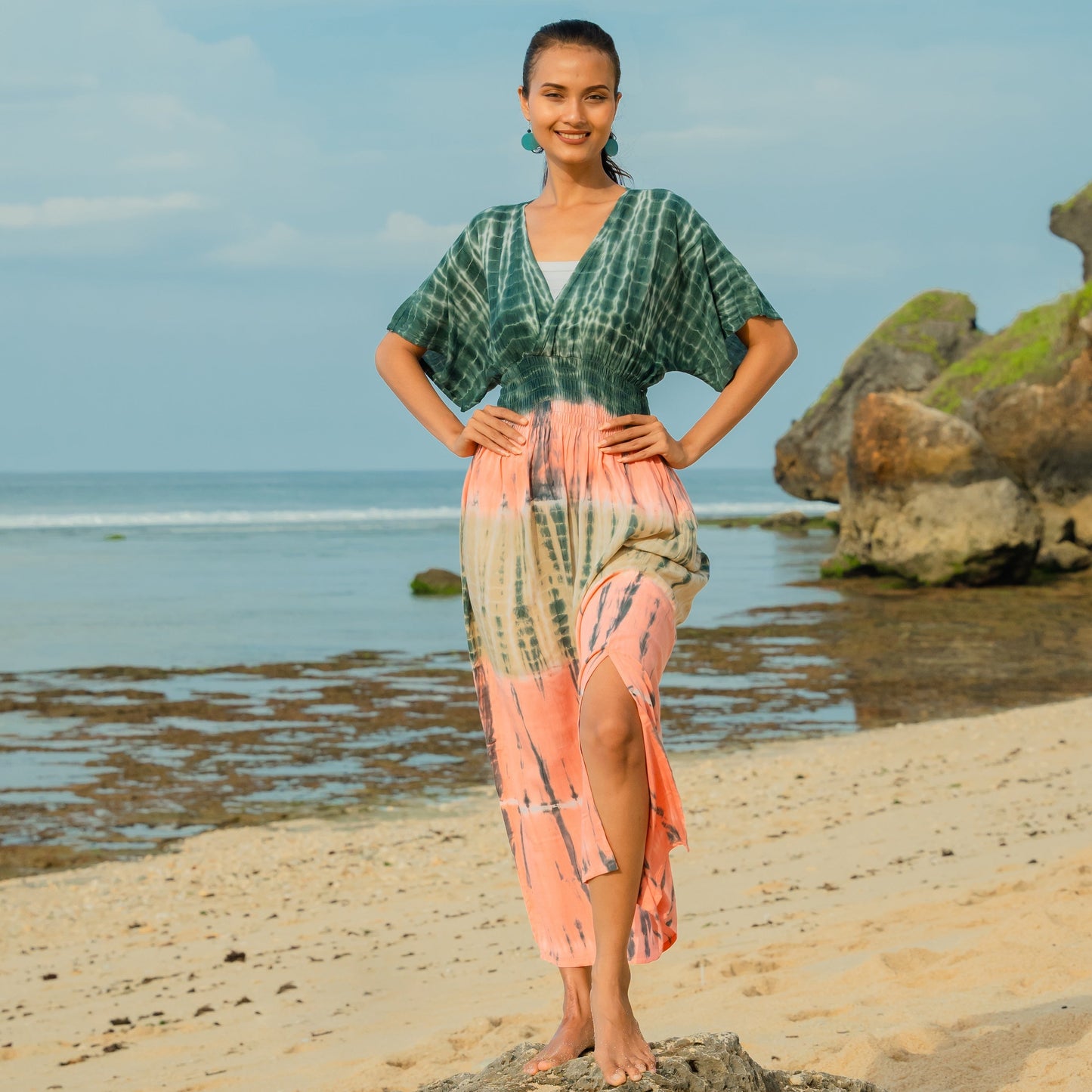 Tie Dye Stripe Maxi Dress - Pink & Grey