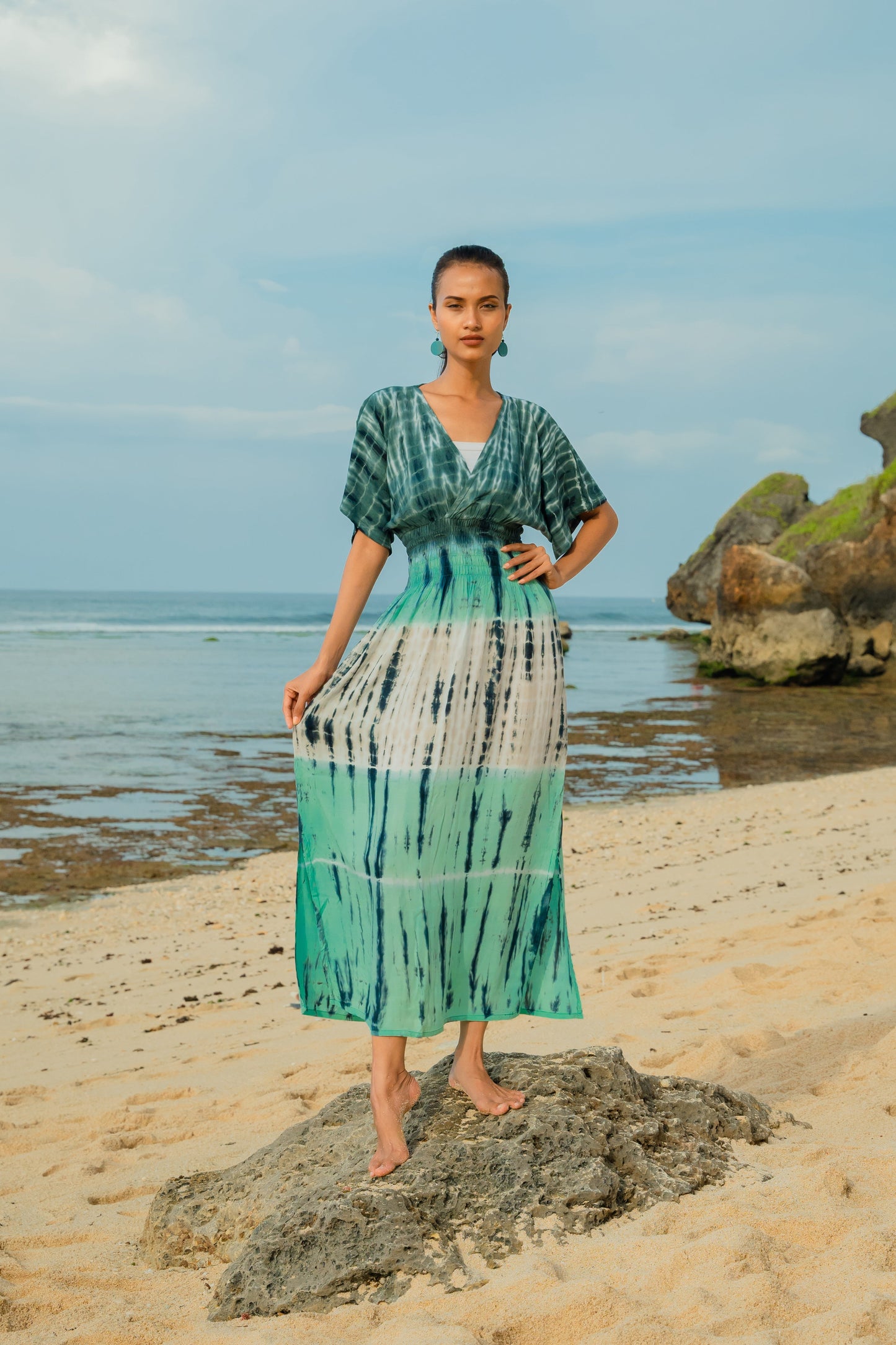 Tie Dye Stripe Maxi Dress - Turquoise & Grey