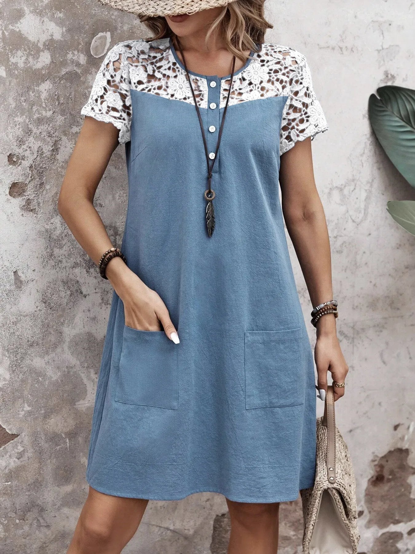 Lace Button Detail Round Neck Mini Dress - Velora Luxury Fashion