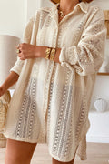 Lace Crochet Collared Neck Oversized Shirt - Velora Luxury Fashion