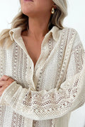 Lace Crochet Collared Neck Oversized Shirt - Velora Luxury Fashion