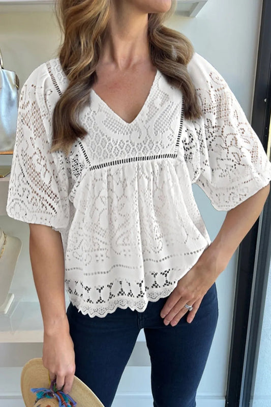 Lace Crochet Hollowed Scallop Hem V Neck Blouse - Velora Luxury Fashion