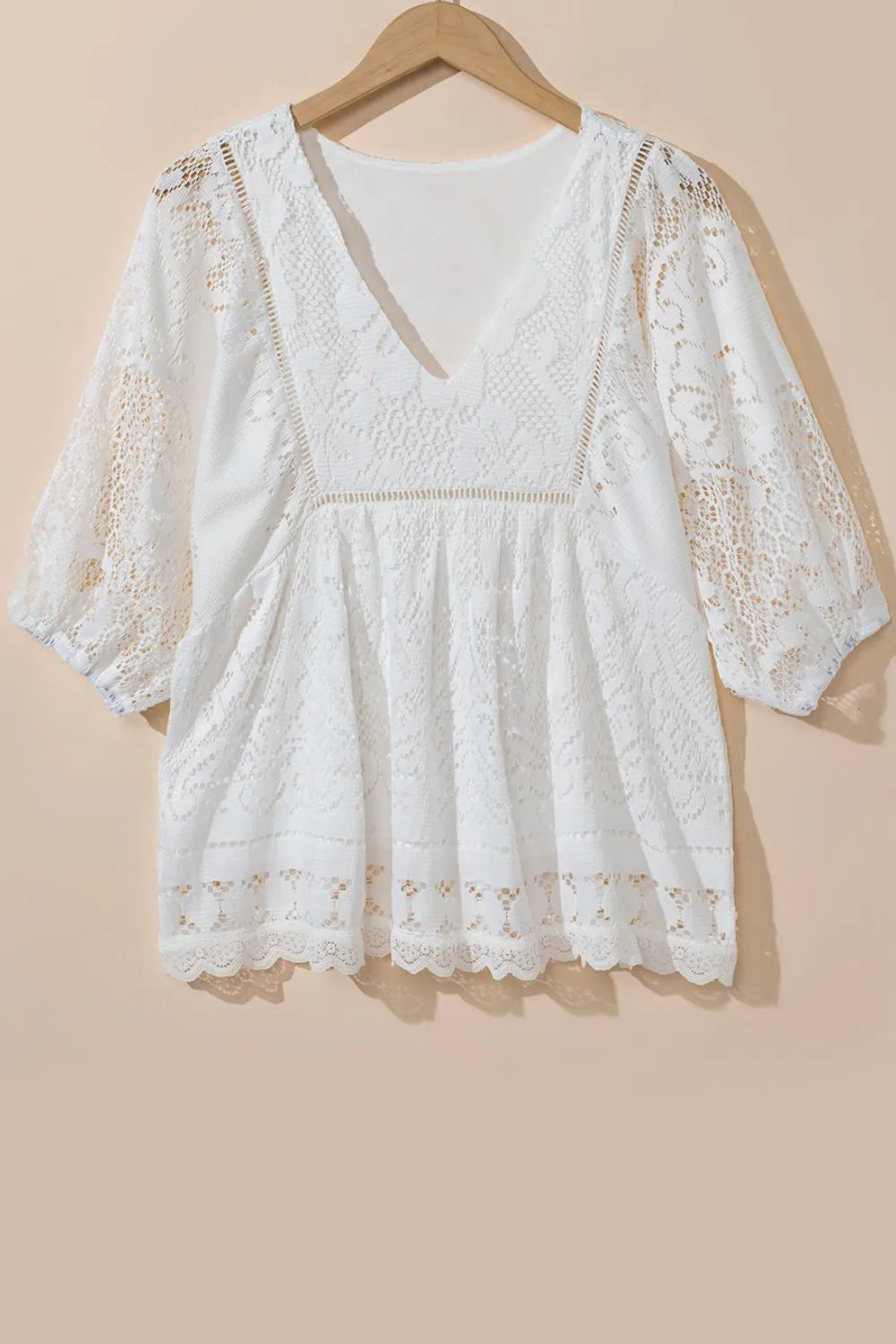 Lace Crochet Hollowed Scallop Hem V Neck Blouse - Velora Luxury Fashion