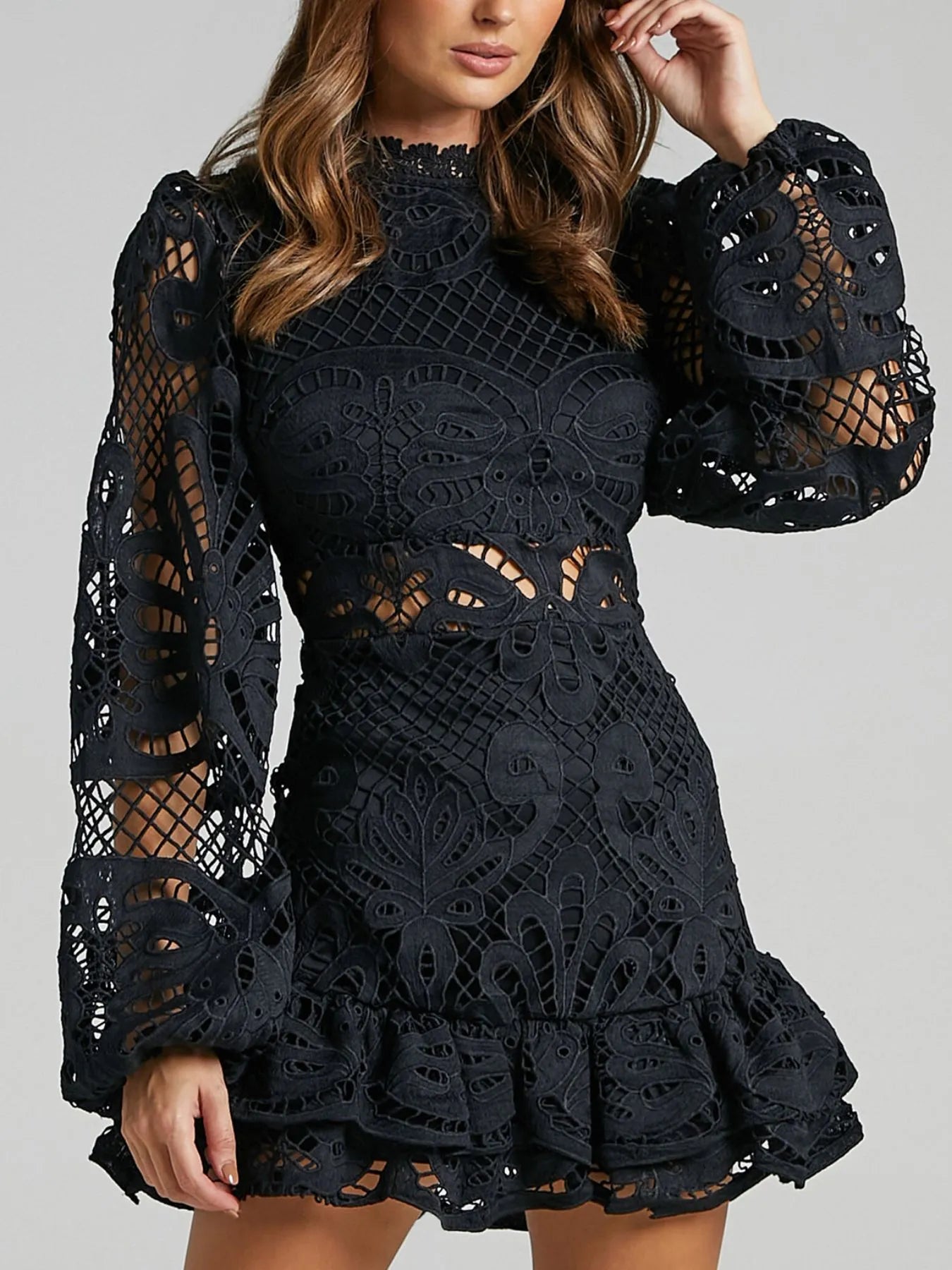 Lace Crochet Long Sleeve Mini Dress - Velora Luxury Fashion
