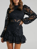 Lace Crochet Long Sleeve Mini Dress - Velora Luxury Fashion