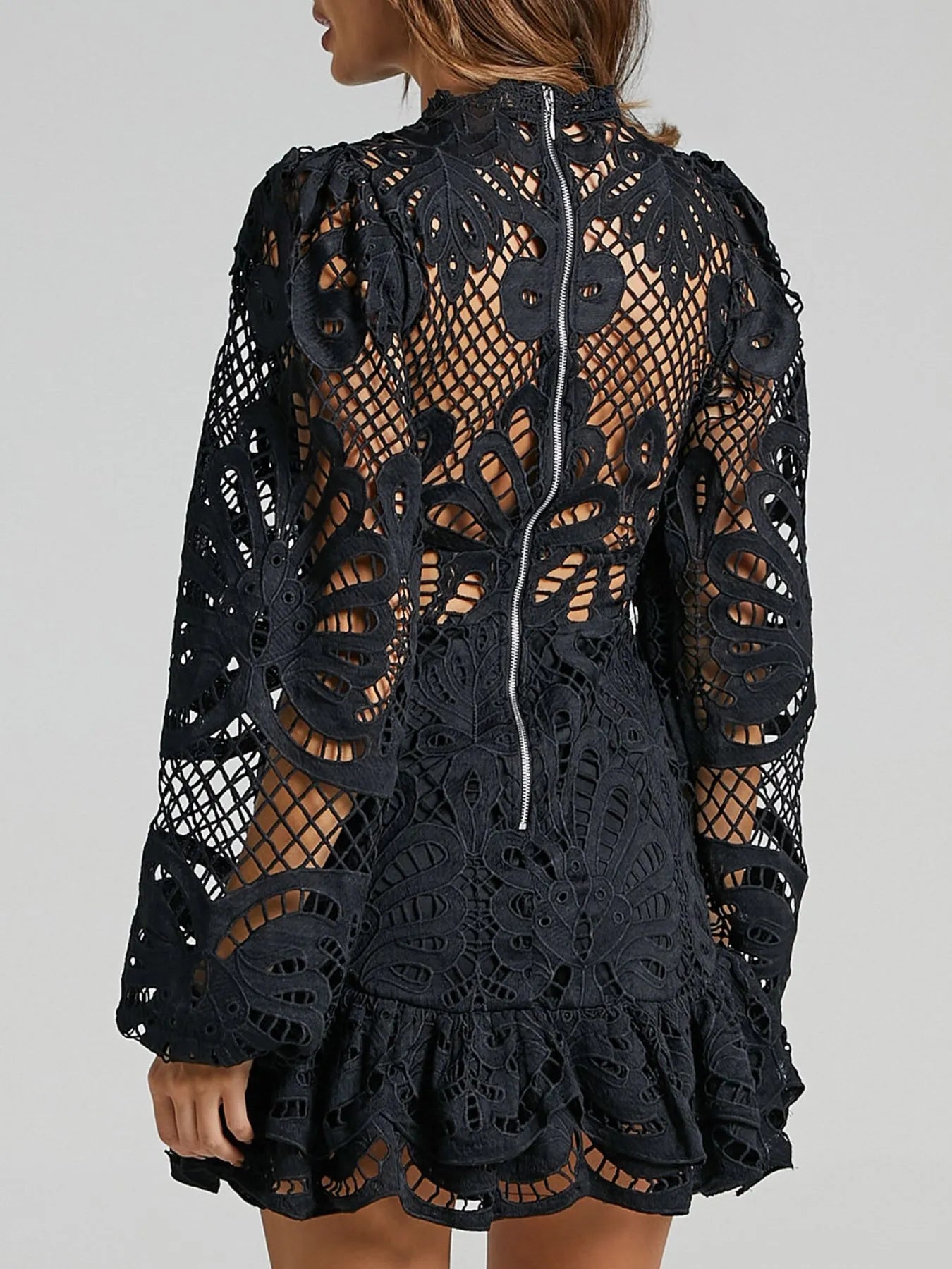 Lace Crochet Long Sleeve Mini Dress - Velora Luxury Fashion