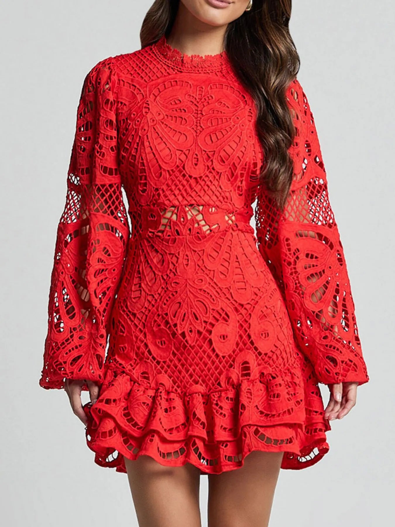 Lace Crochet Long Sleeve Mini Dress - Velora Luxury Fashion