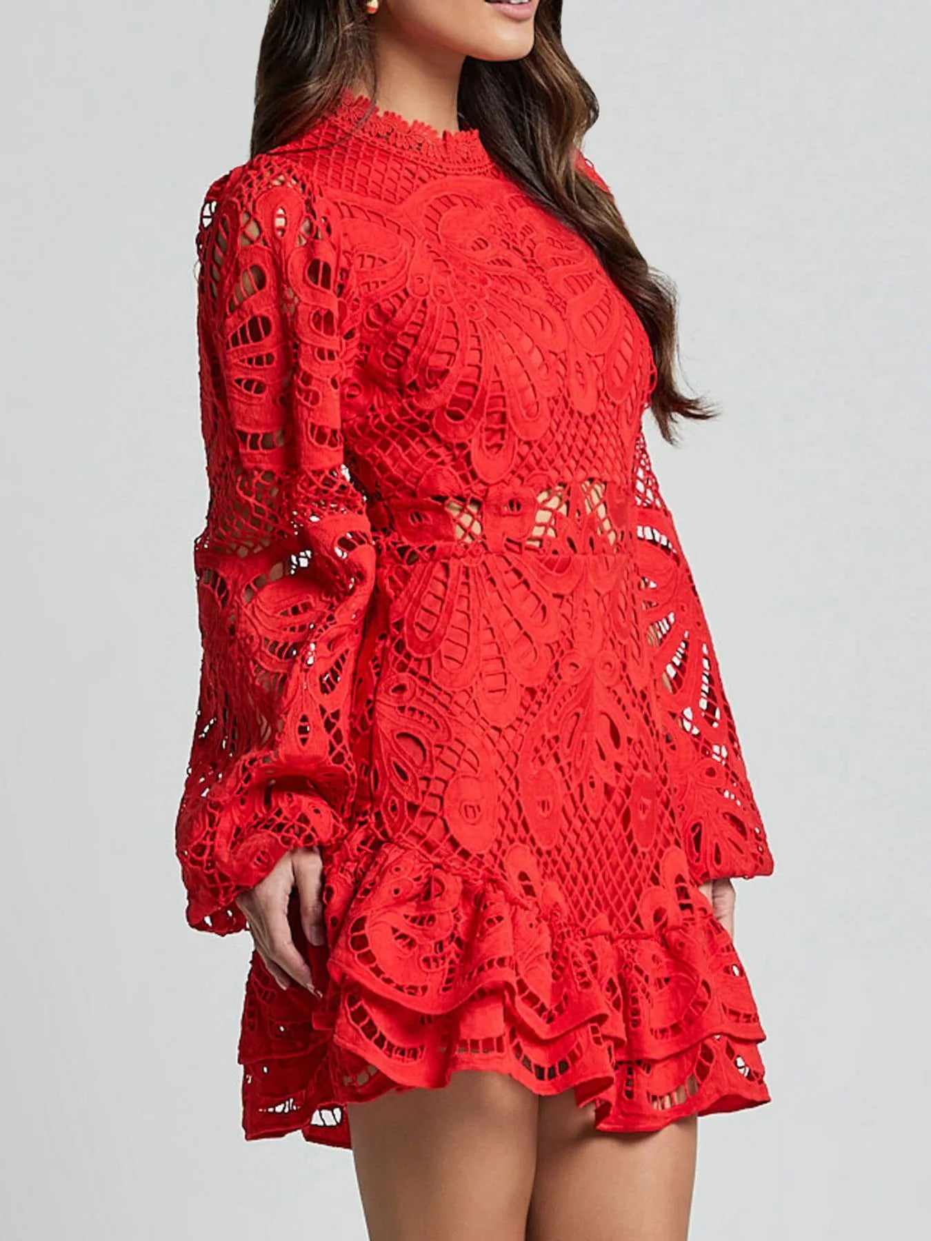 Lace Crochet Long Sleeve Mini Dress - Velora Luxury Fashion