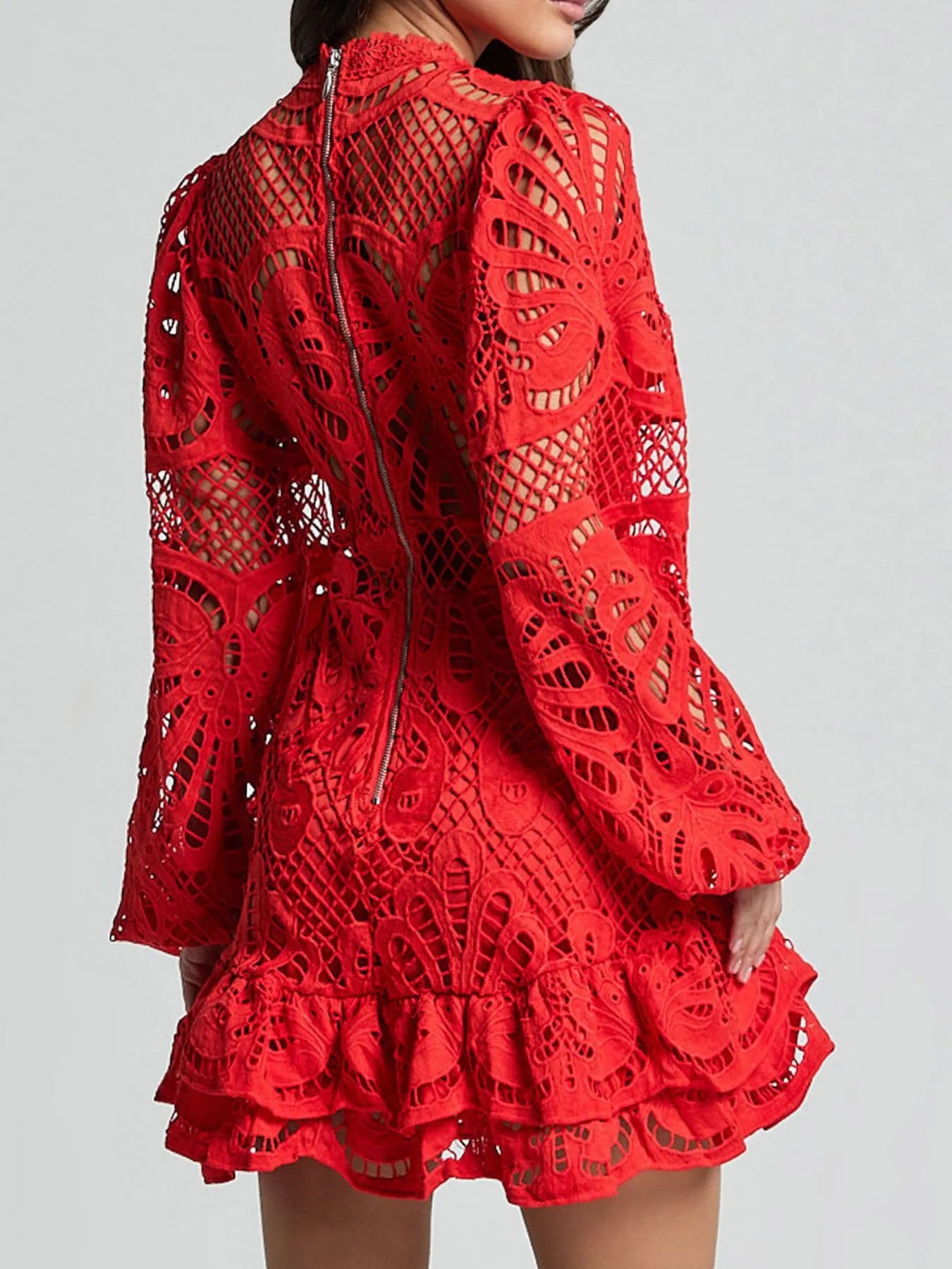 Lace Crochet Long Sleeve Mini Dress - Velora Luxury Fashion