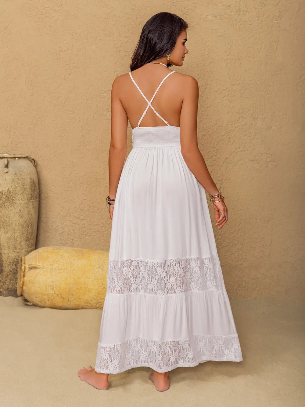 Lace Detail Crochet Tiered Maxi Cami Dress - Velora Luxury Fashion