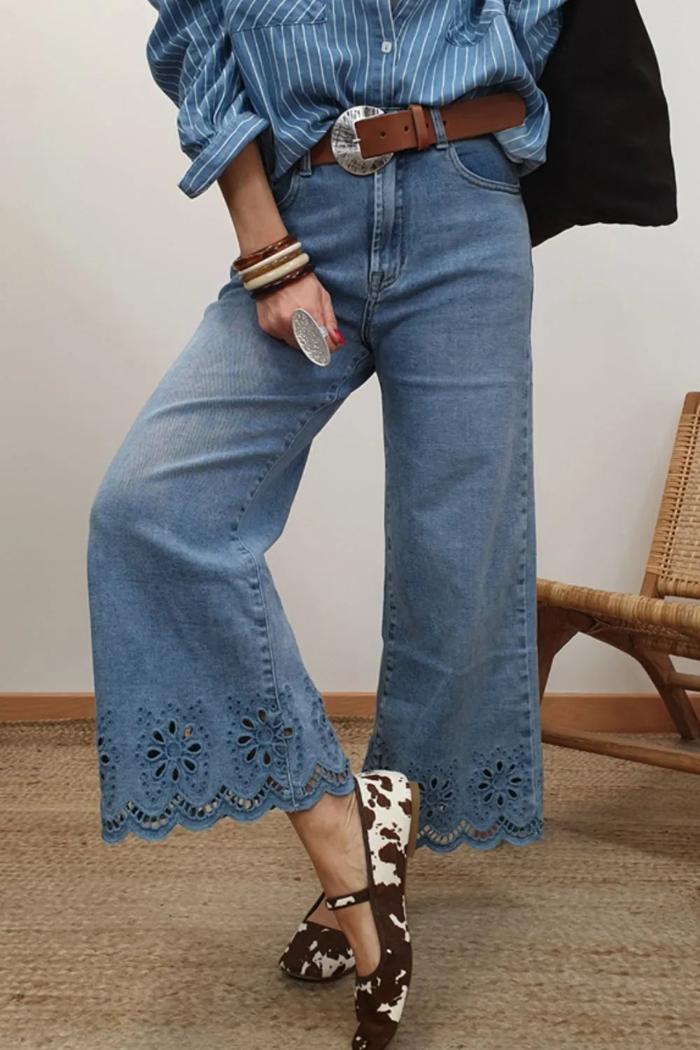 Lace Detail Cropped Wide Leg Jeans - Velora Luxury Fashion