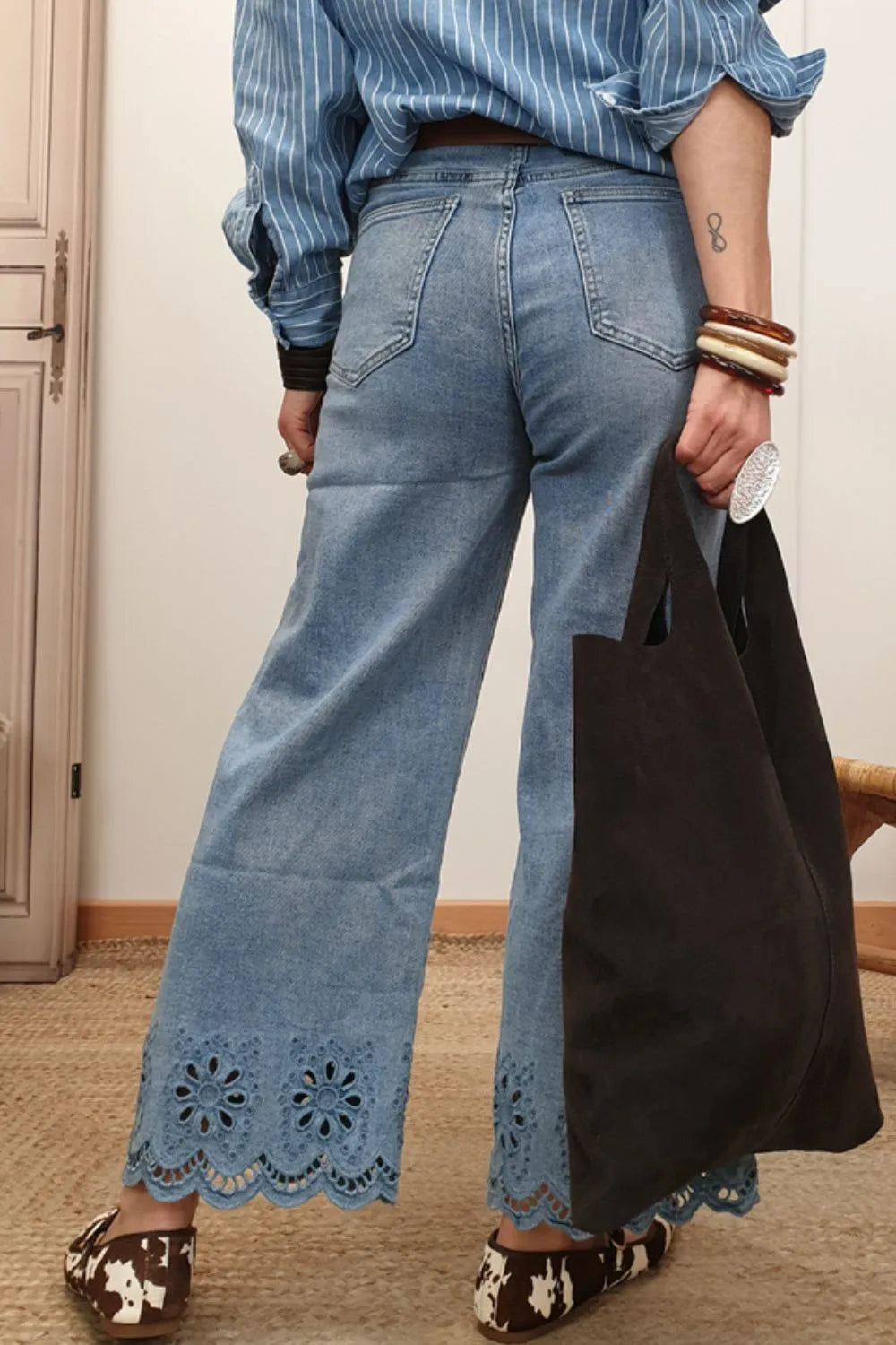 Lace Detail Cropped Wide Leg Jeans - Velora Luxury Fashion