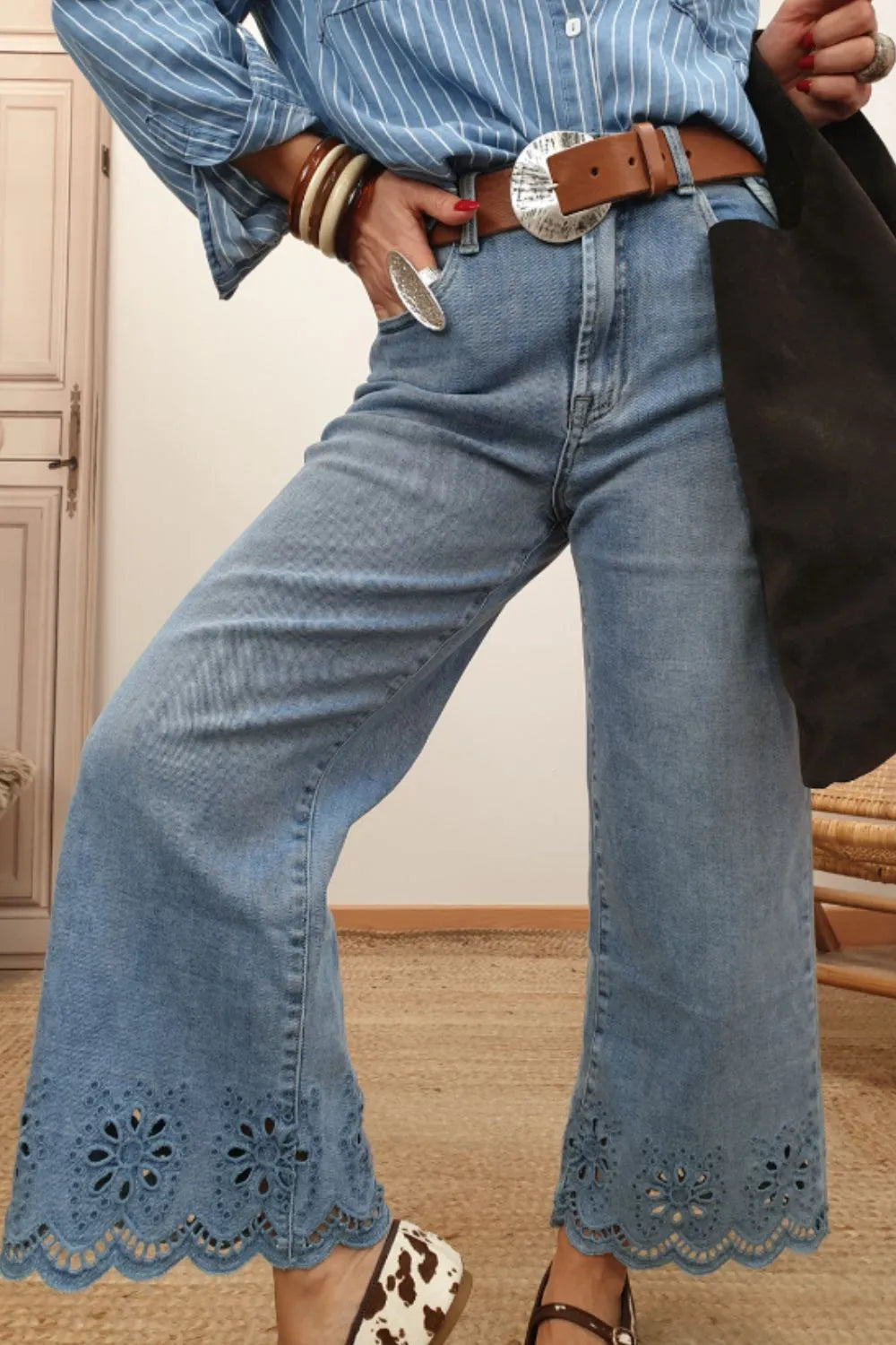 Lace Detail Cropped Wide Leg Jeans - Velora Luxury Fashion