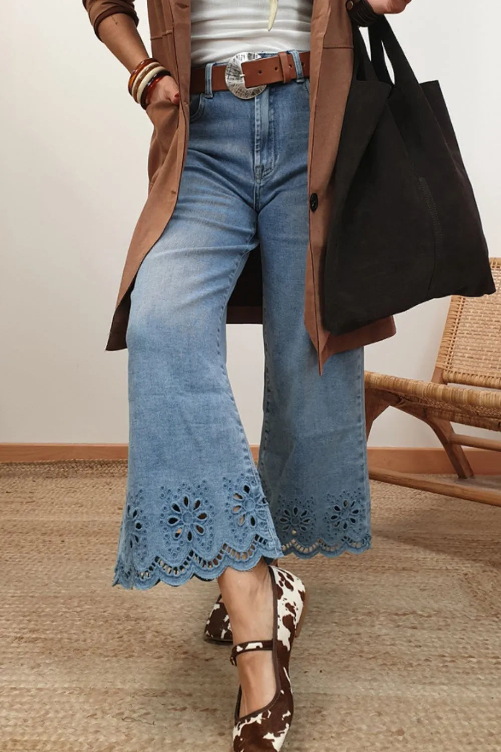 Lace Detail Cropped Wide Leg Jeans - Velora Luxury Fashion