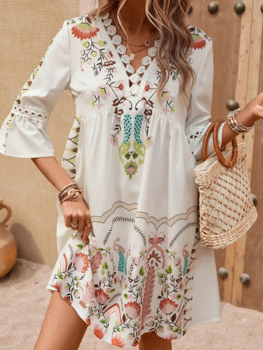 Lace Detail Printed Three-Quarter Sleeve Dress - Velora Luxury Fashion